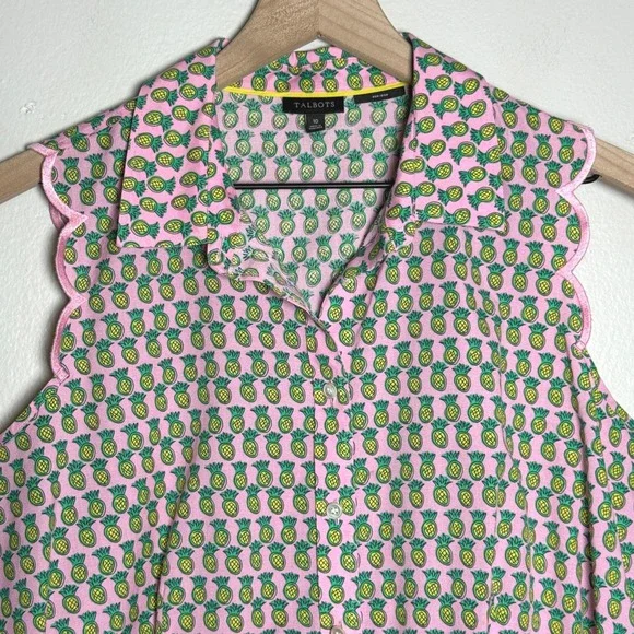 Talbots Womens Non Iron Shirt 10 Pink Pineapple Print Scalloped - Picture 5 of 8